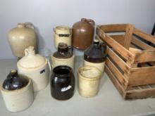 Group of Stoneware Jugs, Crocks and Wooden Crate