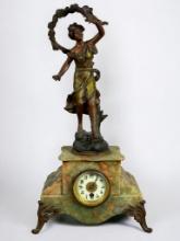 French Clock made by Japy Freres, Gilded Sculptural Clock on Marble Base
