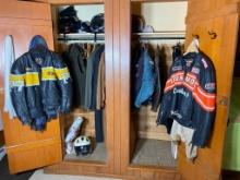 Closet Contents Lot - Leather Motorcycle Racing Jackets, Australian Duster, Helmets etc