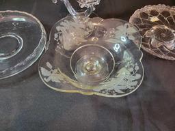 Paden City bowl, Cord drapery platter, Fostoria Century candelabra
