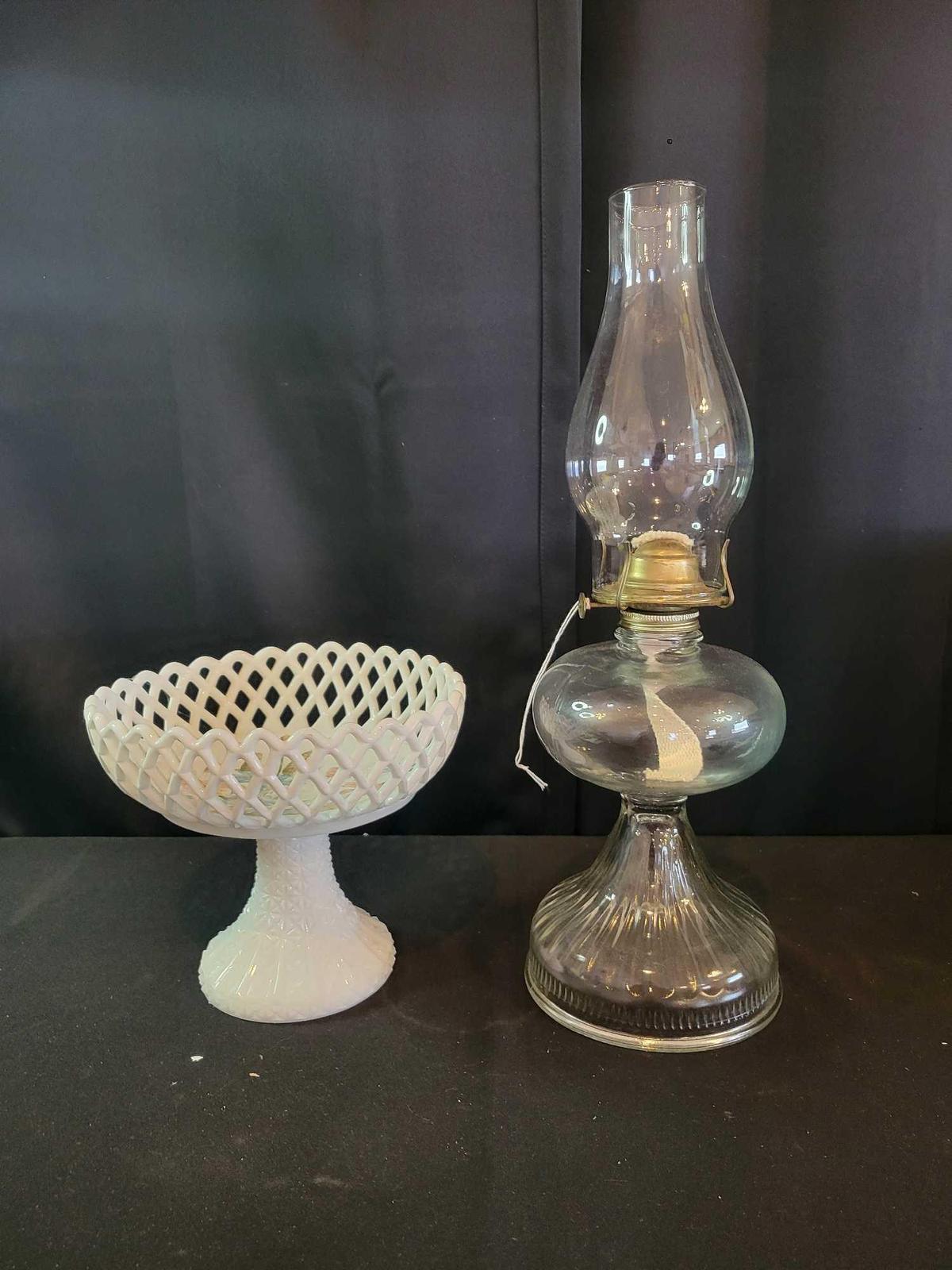 Westmoreland handpainted milk glass basket weave compote and kerosene lamp