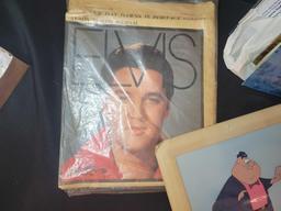 Group of early magazines, Elvis items, Lionel Barrymore, Celluoid Disney frame, Kent State