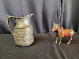 Antique James Tuft plated floral pitcher and Pack Mule metal bank