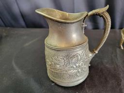 Antique James Tuft plated floral pitcher and Pack Mule metal bank
