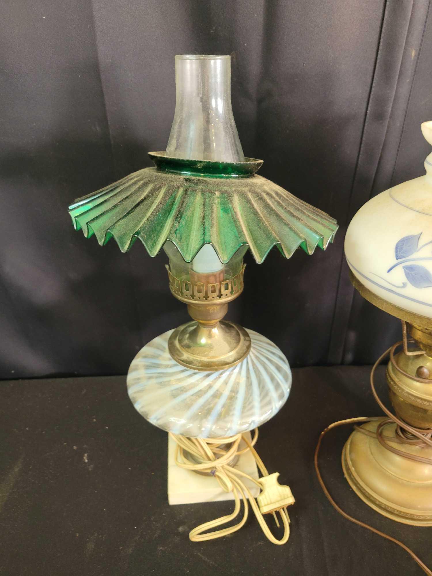 Fenton opalescent base lamp with green glass smoke shade, satin electrifies painted lamps, marble