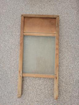 Glass washboard, wood carry all, shelves and craft scene