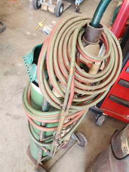 Oxy Acetylene welding set up, hoses, tanks, torch, goggles