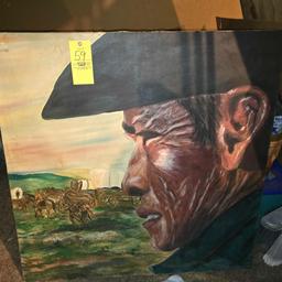 Handpainted Canvas Cowboy and Covered Wagon Painting