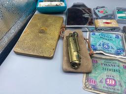 Vintage Cigarette Cases, Lighters, Walking Liberty Half Dollar watch fob, world currency