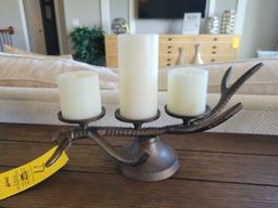 Contents of shelf, glass jars, books, antler themed candle holder and frames