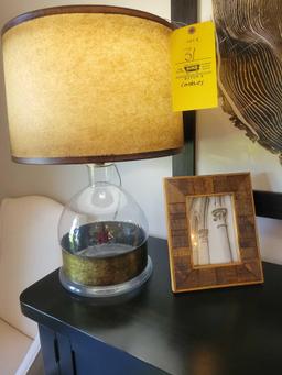 Glass and metal band table lamp, frame and large candle holder