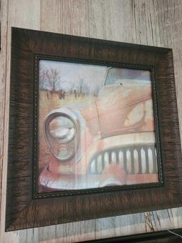 Pair of classic car themed small framed prints