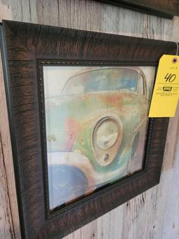 Pair of classic car themed small framed prints