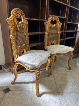 Pair of Ornate Cane Back Carved Wood Chairs with Reupholstered Seats