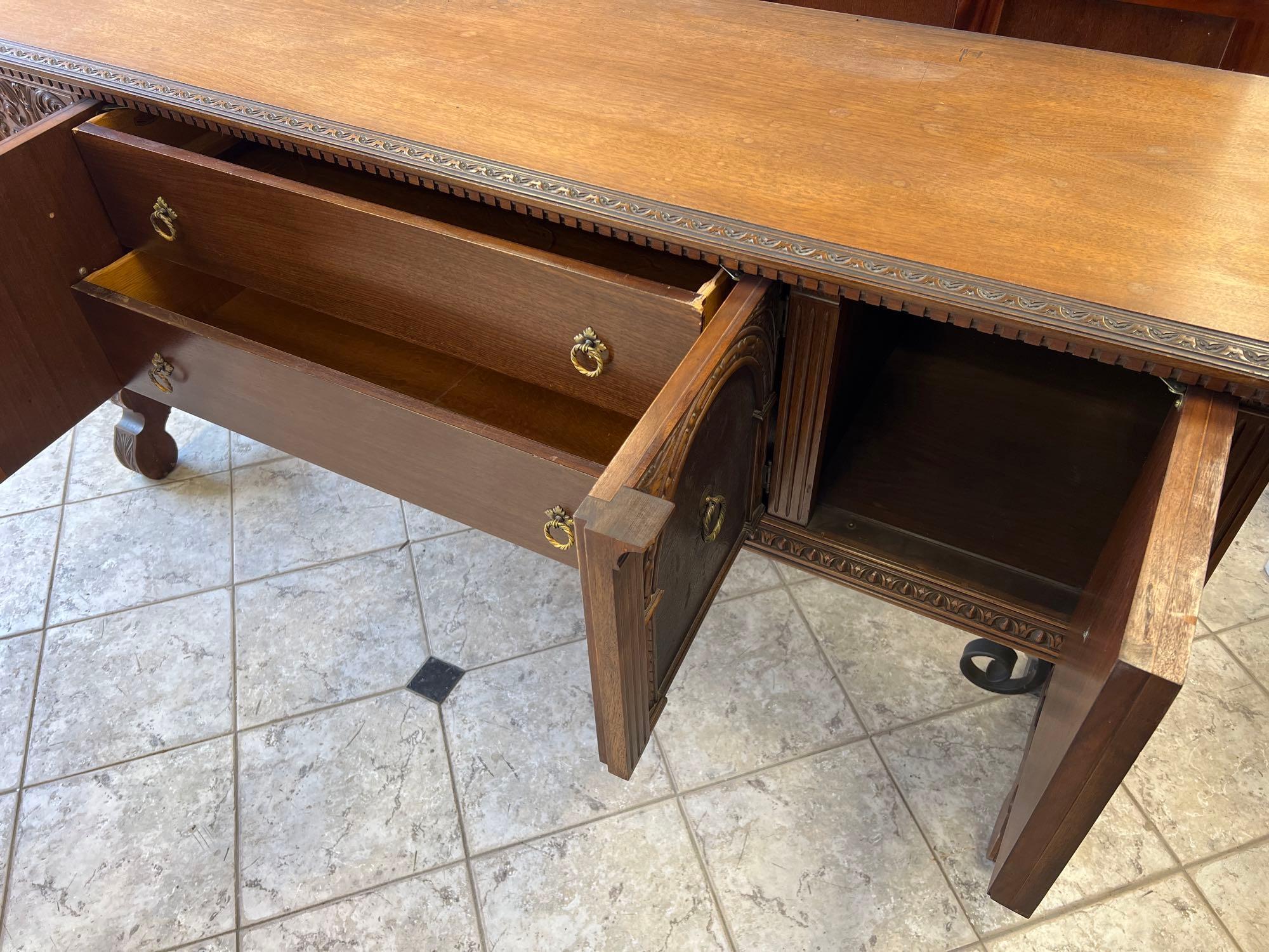 1940s Ornate Wood Buffet Server with Wrought Iron Accents