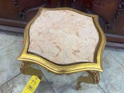 Small Carved Wood French Marble Top Side Table