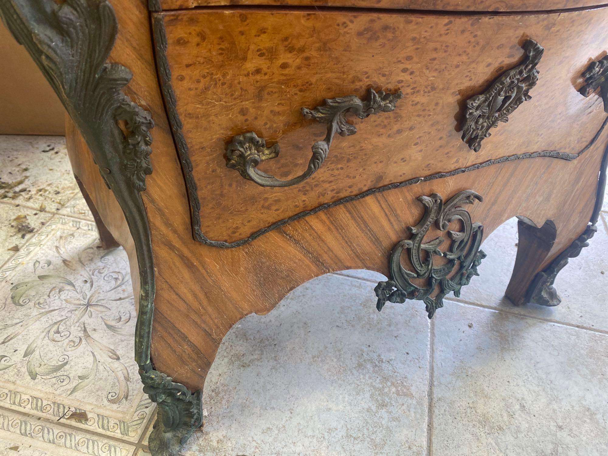Early Ornate Burl Wood Bombay Chest of Drawers with Figural Accents, French Louis XV Style