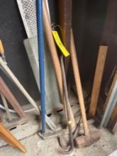 pickaxe, sledge hammer, 2 crowbars