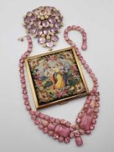 Vintage pink rhinestone necklace & clip & needlepoint compact