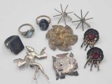 Vintage sterling silver jewelry lot: rings, pins, earrings