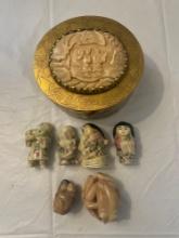 Metal box with bone carving, (6) Netsuke buttons
