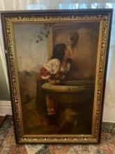 Lg Oil Painting, girl at fountain , signed