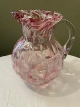Spatter Glass pitcher , pink & white, ruffled top