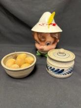 Pinocchio cookie jar, stoneware bowl and sugar jar