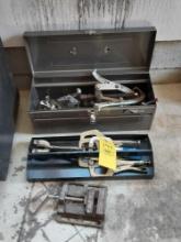 Metal Toolbox & Contents - Gear Puller Set, Clamps, Piston Ring Setter, & Belt Tensioners