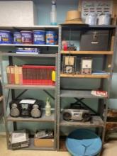 Shelving Units & Contents - Vintage Transistor Meters, Radios, Woodworking Books, Coffee Cans, &