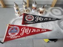 4 Pro Football Hall of Fame Beer Steins, 2 Pennants 1977 1979