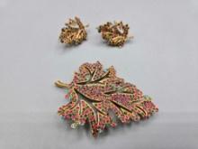 Vintage Verdome Rhinestone Leaf Pin & Earrings