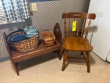 Wooden chair, bench, and baskets