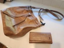 Frye camel colored leather shoulder purse & wallet set