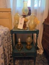 Fostoria Amber Coin Dot Oil Lamps & Small Painted Side Stand