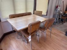 Chrome dining room table with bench, two chairs and extra leaf