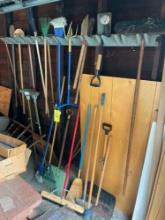 gardening tools, shovels, brooms, rakes, hoes, snow shovels,