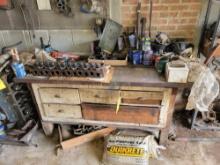 Early shop workbench 6ft long with assorted bolt stock, threader and sand, peg board contents