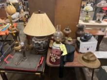 Vintage hats and oil lamps