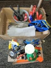2 Boxes of wire brushes, gloves, tools and drivers