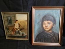 Unsigned oil on board of woman on porch and N Neil boy oil on canvas