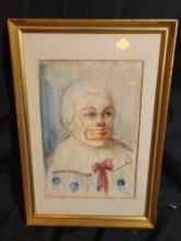 Framed watercolor clown by Peter Terarieno?