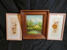 Framed press flower art and Cottage landscape Von Tropper 1977