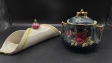 Hand Painted Floral Sugar Bowl & Ceramic Mancioli napkin holder ?