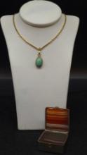 Antique 18k Gold & Turquoise pendant with necklace in Agate box