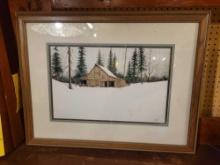V Treat framed winter barn scene