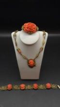 1930's Victorian Revival Brass and Molded Glass faux coral necklace bracelet and brooch
