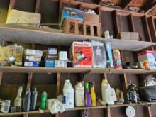 Contents of shelf including oil, filers, hdwr, radio