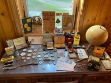 nice lot of small items - globe - stamps - viewer and disks
