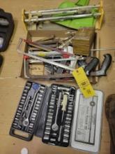 Box of Assorted Tools - Saws, Socket Wrench Set, Guides, & Other Small Tooling